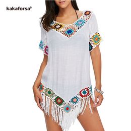 Kakaforsa 2019 Sexy Crochet Beach Cover Up Tassel Summer Beach Dress Cotton Knitted Swimsuit Bikini Cover Up saida de praia Y200708