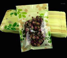 Gift Wrap 100pcs Transparent Plastic Packaging Pouch Green Leaves Printed Storage Bags Kitchen 6 Sizes1