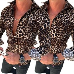 Men's Long Sleeve Shirt Autumn Spring Casual Cool Slim Fit Casual Lapel Shirts Tops Male Leopard Plus Size Blouse M-203Z