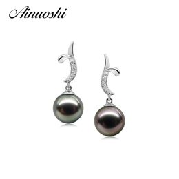 AINUOSHI 925 Sterling Silver Drop Earring Black Cultured Pearl Tahiti 9-9.5mm Perfect Round Pearl Engagement Drop Earrings Gift Y200107