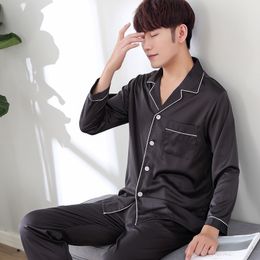 Thoshine Brand Chinese Style Satin Silk Pyjamas Sets Long Sleeve Men Turn Down Collar Pijama Male Button Closure Home-wear Sets LJ201113