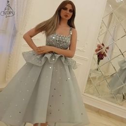 Fashion Beaded Prom Dresses 2019 Square Neckline Crystal Peplum Ball Gown High Low Evening Dress Arabic Style Formal Gown