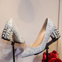Pumps Women Wedding Shoes Glitter Sexy High Heels Pearl 7cm Block Heel Crystal Fashion Bride Shoes Silver Ladies Spring1