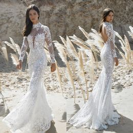 2021 Lace Wedding Dresses High Collar Long Sleeves Appliques Bridal Gowns Custom Made Hollow Back Sweep Train Mermaid Wedding Dress