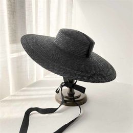 Large Brim Wheat Straw Hat Summer Hats For Women 10cm/15cm/18cm Brim With Black&White Ribbon Beach Cap Boater Flat Top Sun Hat Y200602