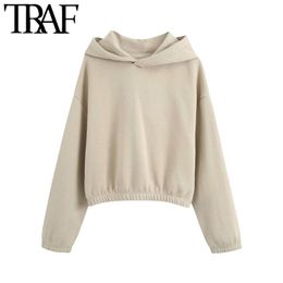 TRAF Women Fashion With Elastic Trims Cropped Hoodies Sweatshirts Vintage Long Sleeve Fleece Female Pullovers Chic Tops 201209