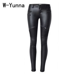 W-Yunna New Fashion Imitation Denim Slim Leggings for Women Black Motorcycle Streetwear Pants Folds Zippers PU Leather Pants LJ200820