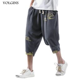 Streetwear Summer Men Sweatpants Cotton Linen Embroidery Loose Harem Jogger Pants Casual Fitness Trousers Plus Size 5XL 201116