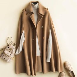 100% Wool Mid long bat cape women woolen coats spring loose double sided cashmere coat women's Cape fashion brown wool coat 210218