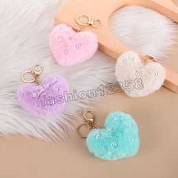 Lovely Heart Pearl Key chain Women's Pom Poms Faux Rex Rabbit Fur Ball Pendant Key Chains Girl Bag Hang Car KeyRing