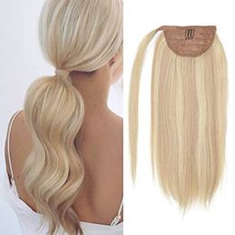 Well Balayage ombre Ponytail Extension p18/613 Clip in Ponytail Human Hair Wrap Around Ponytail Long Straight Highlight Ash Blonde Pony tail