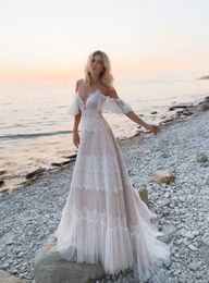 Sexy Spaghetti Beach Wedding Vestidos Uma Linha Off Ombro Longo Tule Lace Boho Vestidos De Casamento Noiva Vestido Plus Size Cintas Vestidos de Novia