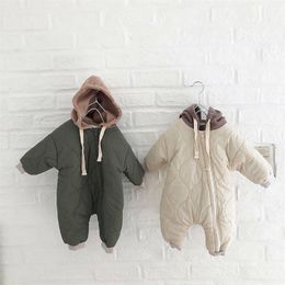 Toddler Baby Down Cotton Solid Rompers born Boy Girl Hooded Clothes Snow Suit Winter Jumpsuit Thicken Warm Outwear 0-24m 220211