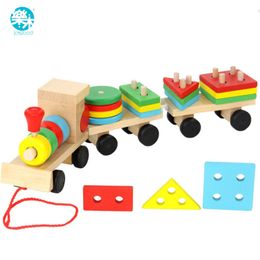 Baby Toys Kids Trailer Wooden Train Vehicle Blocks Geometry/Colour Congnitive Blocks Child Education Birthday/Christmas Gift LJ200930