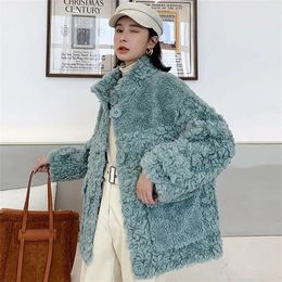 HSTAR Sheep Sheared Female Brief Paragraph Keep Warm With Thick Compound Fur Lambs Wool Collar Shearling Coat 201212