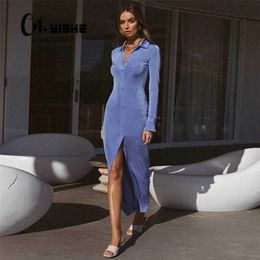 CNYISHE Fall Breasted Long Sleeve Maxi Dresses Turn-down Collar Pure Color Split Dress Streetwear Cardigan Shirt Dress Robe 211221