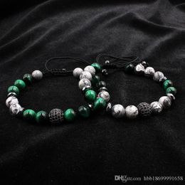 Natural Grey Map Stone Bracelet Pave CZ Charms Bracelet For Men Jewellery Green Tiger Eye Stone homme Buddha Bracelet