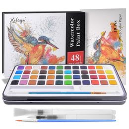 48 Solid Watercolor Paint Set Contain 12 Pearlescent Glitter Metallic Gold Color With 3 Water Brush Pens and 10 Sheets Paper 201226