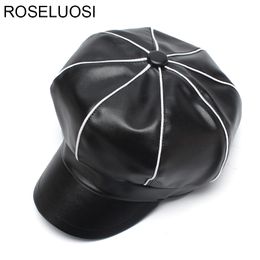 ROSELUOSI Autumn Winter PU Leather Newsboy Cap For Women Vintage Octagonal Hat Female Leather Berets Hats 201013