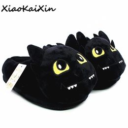 Unisex Anime Cartoon Plush Slippers How to Train Your Dragon Style Winter Warm Soft PP Cotton Black Home Fluffy Slippers Shoes Y200106