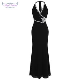 Angel-fashions Halter Beading Black Evening Dresses Long Formal Party Gown 474 484 LJ201119