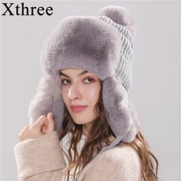 Xthree Bomber Hats Winter Women's Hat Warm Kitted Hat with Ear Flap Faux Fur Trapper Cap With Pom Pom Y200102