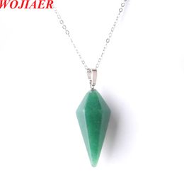 WOJIAER Pendant Necklace Natural Green Aventurine Gem Stone Reiki Chakra Dangle Hexagonal Pyramid Beads Jewelry Z9082