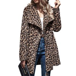 Mulheres Faux Faux Mulheres Leopard Imprimir Casacos Outono Inverno Quente Digiço Jaqueta Feminino Futebol Fluffy Plush Outerwear Moda Slim Fit Overcoat