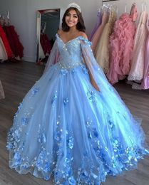 Light Blue New Sweet 16 Dresses Ball Gowns Hand Made Flowers Beaded Applique Vestidos De Quinceanera Dress With Wraps Prom Pageant2622