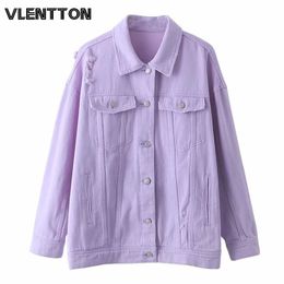 2020 Spring Autumn Purple Oversize Denim Jacket Women Solid Hole Casual Loose Jeans Jackets Coat Female Outwear Tops Veste Femme T200828