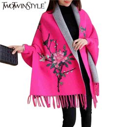 TWOTWINSTYLE Embroidery Floral Tassel Trench Coats Women Cloak Long Sleeves Knitted Cardigan Sweater Windbreaker Winter New 201102