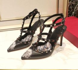 [Caja original] Recién llegado, Sandalias de tacón alto con punta de rosa para mujer, zapatos de marca con remaches de 9,5 CM, 35-42