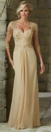 Champagne Lace Mother of the Bride Dresses Floor Length Pleats Beaded Applique Party Dress 3 4 Long Sleeve Chiffon Wedding Guest G263l