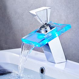 waterfall taps lights Australia - Led Light Basin Faucet Bathroom Waterfall Taps Temperature Change Color Single Hole Deck Mounted Water Sink Tap