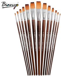 Bianyo 13Pcs Long Handle Nylon Hair Flat Shape Oil Brush Set For Artist School Student Acrylic Watercolour Painting Tool Supplies 201225