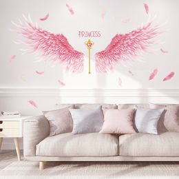 [shijuekongjian] Pink Feathers Wing Wall Stickers DIY Cartoon Sceptre Wall Decals for Kids Rooms Baby Bedroom House Decoration 201201