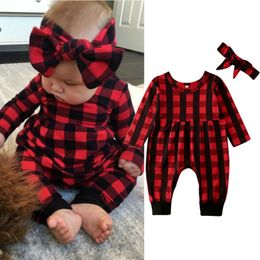 Newborn Infant Boy Girl Autumn Winter Warm Rompers Clothes Plaid Long Sleeve Romper verall Headband Outfit 3-18Months 201029