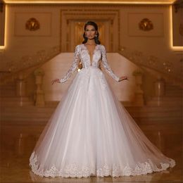 Newest Chic A Line Wedding Dresses Long Sleeves Custom Made Lace Appliqued Beach Boho Bridal Gowns Gorgeous Soft Tulle Robes De Mariée