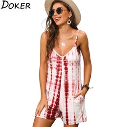 2020 New Women's Summer Fashion Tie-dye Print Jumpsuit Shorts Casual Loose V-neck Beach Rompers Sleeveless Bodycon Sexy Playsuit T200704