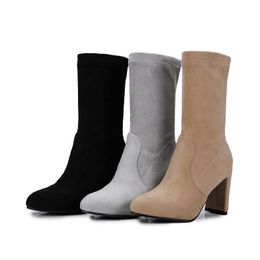 Hot sale- Leather Middle High Heel Modern Clean Classic Design Suede Leather Plain Black Grey Brown 8cm High Heeled Women Half Ankle Boots