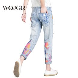 women painting jeans UK - WQJGR Color Painting Jeans Woman Easy Nine Part Pants Korean Student Pants Ripped Jeans For Women 201030