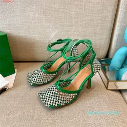 Women sparkle stretch sandals, Square toe pump fashion mesh high heels ankle strap sandal designer Wedding shoe , biggest size 42 002