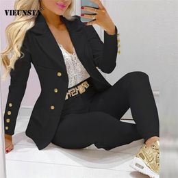 Sexy Solid Office Lady Two Pice Sets Spring Notched Collar Button Top Blazer and Long Pants Suit Autumn Sleeve Outfits 220315
