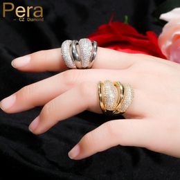 Pera Luxury Sparkling CZ Zircon Silver Colour Multilayer Large Open Resizable Wedding Rings for Women Party Jewlery Gift R141