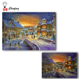 Led canvas art print Christmas city night in winter wall picture Illuminate canvas Painting light up posters print holiday gift T200118