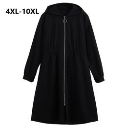 Plus Size 10XL Women Windbreaker Coat Autumn Winter Slim Long Trench Coats Women Black Hooded Overcoat Trenchcoat Vrouwen 201030