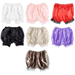 K3NF Women Imitation Silk Bloomers Ruffles Lace Trim Panties Victorian Pumpkin Shorts Solid Color Dance Dress Split Skirt