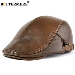 BUTTERMERE Men Beret Hat Real Leather Flat Cap Sheepskin Autumn Winter Male Brown Adjustable High Quality Gatsby Mens Beret Caps Y200110