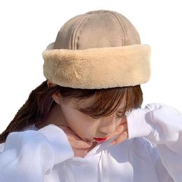 Women Winter Warm Beanie Hat Suede Velvet Thicken Plush Cuffed Brimless Hat Female Casual Landlord Docker Skull Cap Streetwear