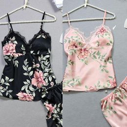 Silk Sleeveless Satin Women V Neck Tops Floral Print Shorts Casual Loose Sleepwear Pyjamas Set Regular Size Summer Clothes